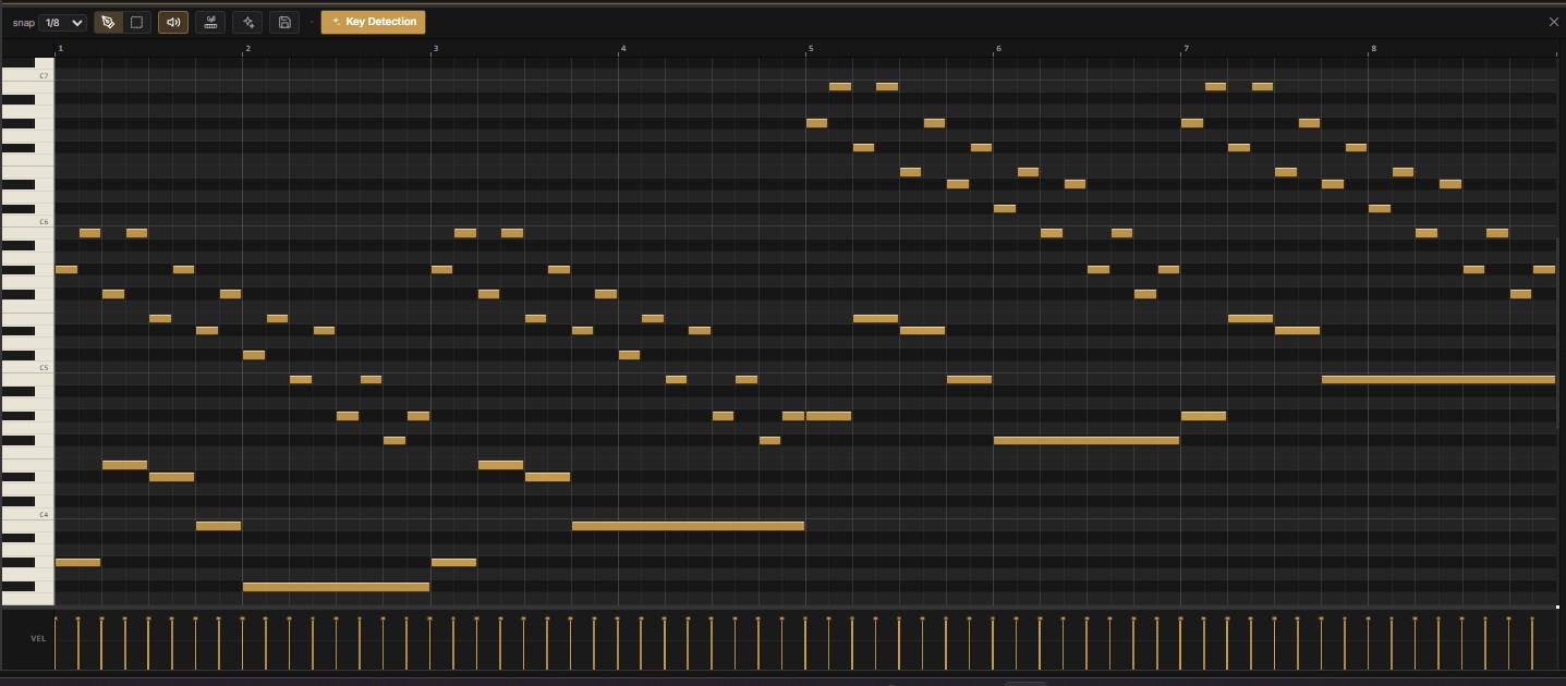 The shared piano roll — piano keys, MIDI notes, velocity lane